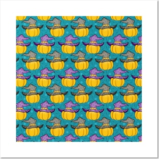 Pumpkins And Witch Hat Pattern Posters and Art